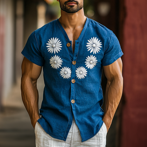 Camisa informal de algodón y lino para hombre, de manga corta, ajustada, con cuello en V y botonadura sencilla