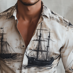 Camisa de manga larga con solapa y estampado de velero retro informal para hombre