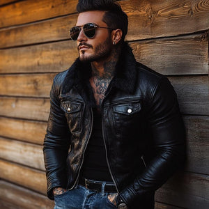 Chaqueta de cuero con cuello de piel vintage para hombre
