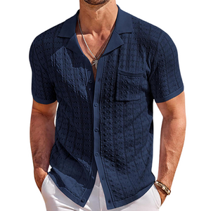 Cárdigan informal de manga corta ajustado de punto jacquard con solapa hueca para hombre
