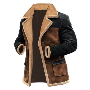 Chaqueta de abrigo de largo medio con cuello invertido, de piel de oveja y ante vintage con bloques de color para hombre
