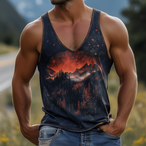 Camiseta sin mangas de algodón con estampado retro americano informal de la serie Yellowstone Park para hombre