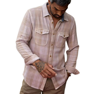 Herren-Langarmhemd im Retro-Stil, rosa kariert, Twill, Slim Fit