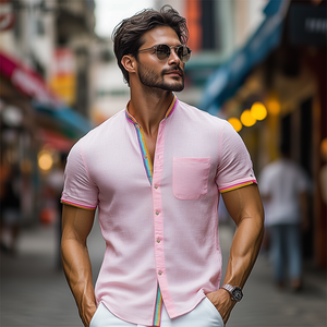 Men's Summer Fashion Stand Collar Colorful Ribbon Stitching Cotton And Linen Short-sleeved Shirt