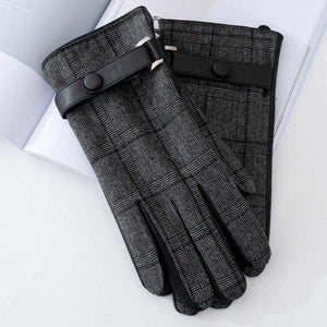 Men's Plaid Plush Warm Touch Screen PU Leather Gloves