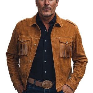 Chaqueta de ante con borlas vintage marrón para hombre, primavera y otoño