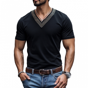 Camiseta informal de algodón con cuello en V y manga corta bordada para hombre