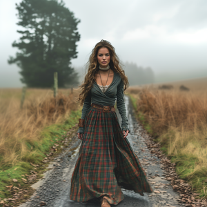 Damen Retro Plaid V-Ausschnitt Langarm Langer Rock Pastoral Style Kleid