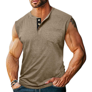 Camiseta sin mangas informal de mezcla de algodón con cuello henley en contraste para hombre