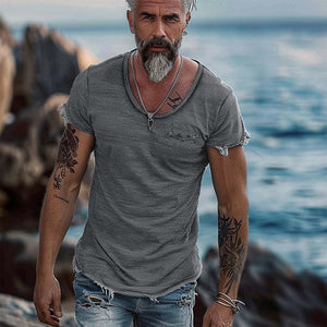 Camiseta retro de manga corta con cuello redondo y borde sin rematar de color liso para hombre