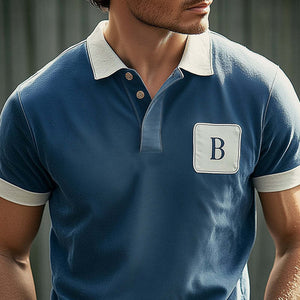 Camiseta de algodón azul vintage con cuello polo y corte entallado para hombre