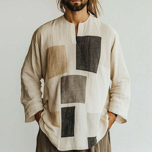 Camiseta de manga larga con cuello abierto y estampado geométrico para hombre