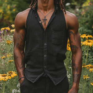 Men's Casual Cotton Linen Lapel Patch Pocket Slim Sleeveless Shirt