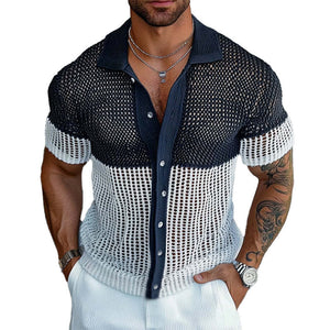 Camisa de manga corta de punto en contraste de malla para hombre