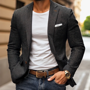 Blazer informal de lino con solapa con muesca y botonadura sencilla y corte entallado para hombre