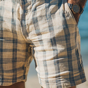 Pantalones cortos deportivos casuales de lino a cuadros de moda de primavera para hombre