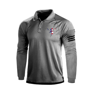 POLO DE MANGA LARGA RAGLÁN CON ESTAMPADO DE RAYO Y BANDERA DE EE. UU. DE 1/4 DE BOTÓN