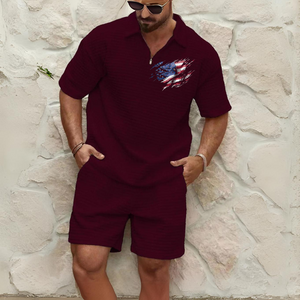 CONJUNTO DEPORTIVO DE POLO DE COLOR SÓLIDO CON CÓMODO ESTAMPADO WAFFLE CON BANDERA DE EE. UU.