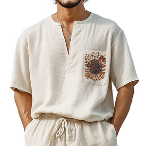 Camiseta informal de algodón y lino con cuello en V y manga corta bordada para hombre, primavera y verano