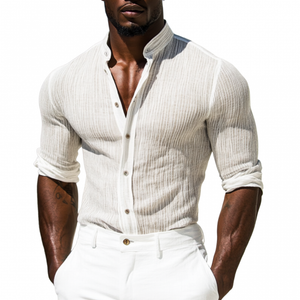 Camisa informal de algodón y lino con cuello alto y manga larga ajustada para hombre