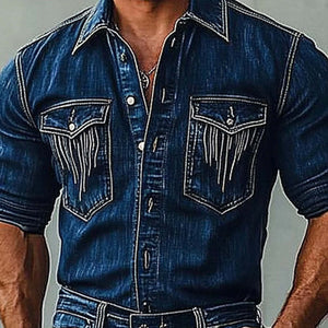 Camisa vaquera vintage desgastada de manga larga para hombre