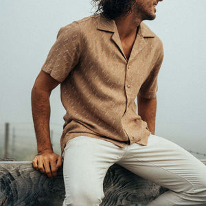 Camisa clásica informal de algodón y lino con cuello cubano para hombre, manga corta