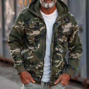Chaqueta cargo con capucha y cremallera multibolsillos de camuflaje para hombre