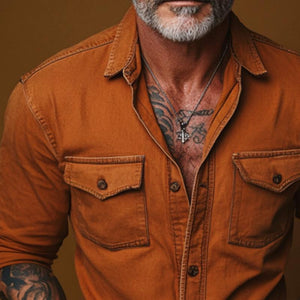 Camisa de manga larga con bolsillo liso, estilo retro informal para hombre