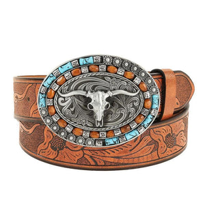 Cinturón vintage de piel de vaca con relieve estilo western para hombre