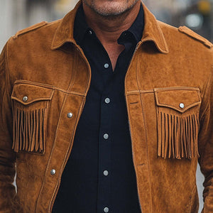Chaqueta de ante con borlas vintage marrón para hombre, primavera y otoño