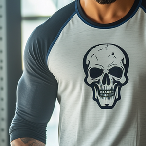 Camiseta deportiva informal de manga larga con cuello redondo y estampado de calavera retro para hombre