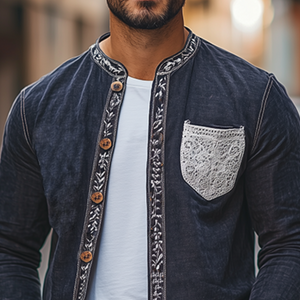 Camisa de manga larga de algodón y lino con empalme de encaje retro de moda de primavera para hombre