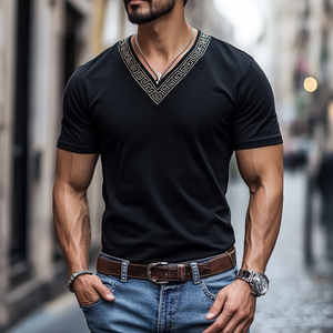 Camiseta informal de algodón con cuello en V y manga corta bordada para hombre