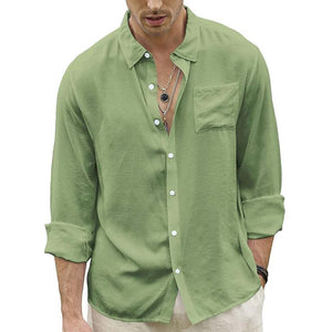 Camisa informal de manga larga de seda verde claro para hombre, agradable para la piel