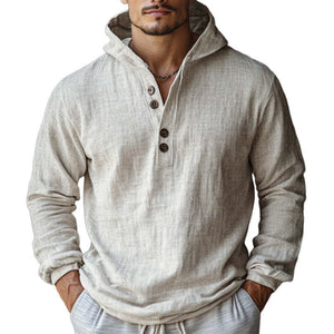 Sudadera con capucha de manga larga de algodón y lino color blanco roto para hombre, agradable para la piel