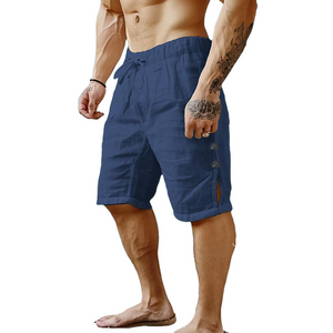 Pantalones cortos con botones de color liso de algodón y lino para hombre