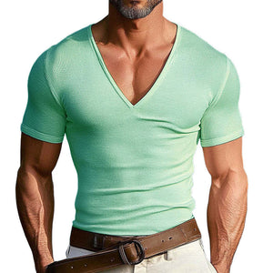Camiseta informal de manga corta con cuello en V y punto de color liso para hombre