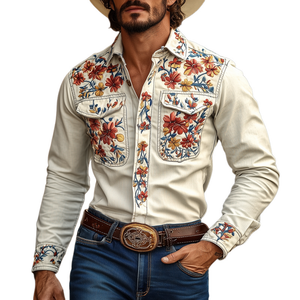 Men's Western Cowboy Style Embroidered Lapel Chest Pocket Long Sleeve Cotton Shirt