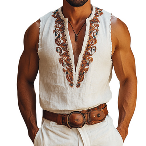 Men's Vintage Casual Perris Embroidered Collarless Sleeveless Shirt