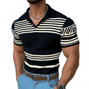 Camiseta informal de manga corta de punto con solapa a rayas y jacquard de corte entallado para hombre