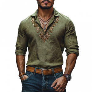 Camisa informal de lino con solapa y bordado floral, corte entallado y manga larga para hombre