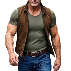 Men's Vintage Brown Suede Stand Collar Vest