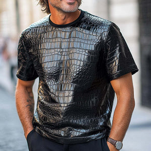Camiseta de manga corta de piel sintética con textura de cocodrilo negra para hombre