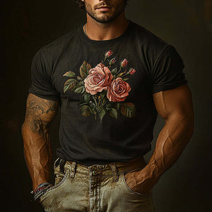 Camiseta vintage de manga corta con bordado de rosas desgastadas para hombre