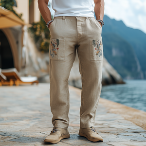 Pantalones casuales de algodón y lino bordados, personalizados, retro, de primavera y verano para hombre