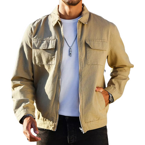 Chaqueta vintage caqui lisa con cremallera para hombre