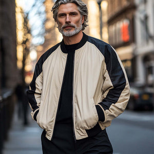 Chaqueta de béisbol retro con cremallera y bloques de color camello negro para hombre