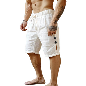 Pantalones cortos con botones de color liso de algodón y lino para hombre