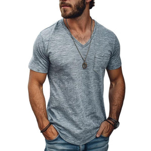 Camiseta informal de algodón mezclado con cuello en V y manga corta para hombre