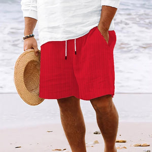 Pantalones cortos de playa a rayas de algodón y lino con cordón para hombre